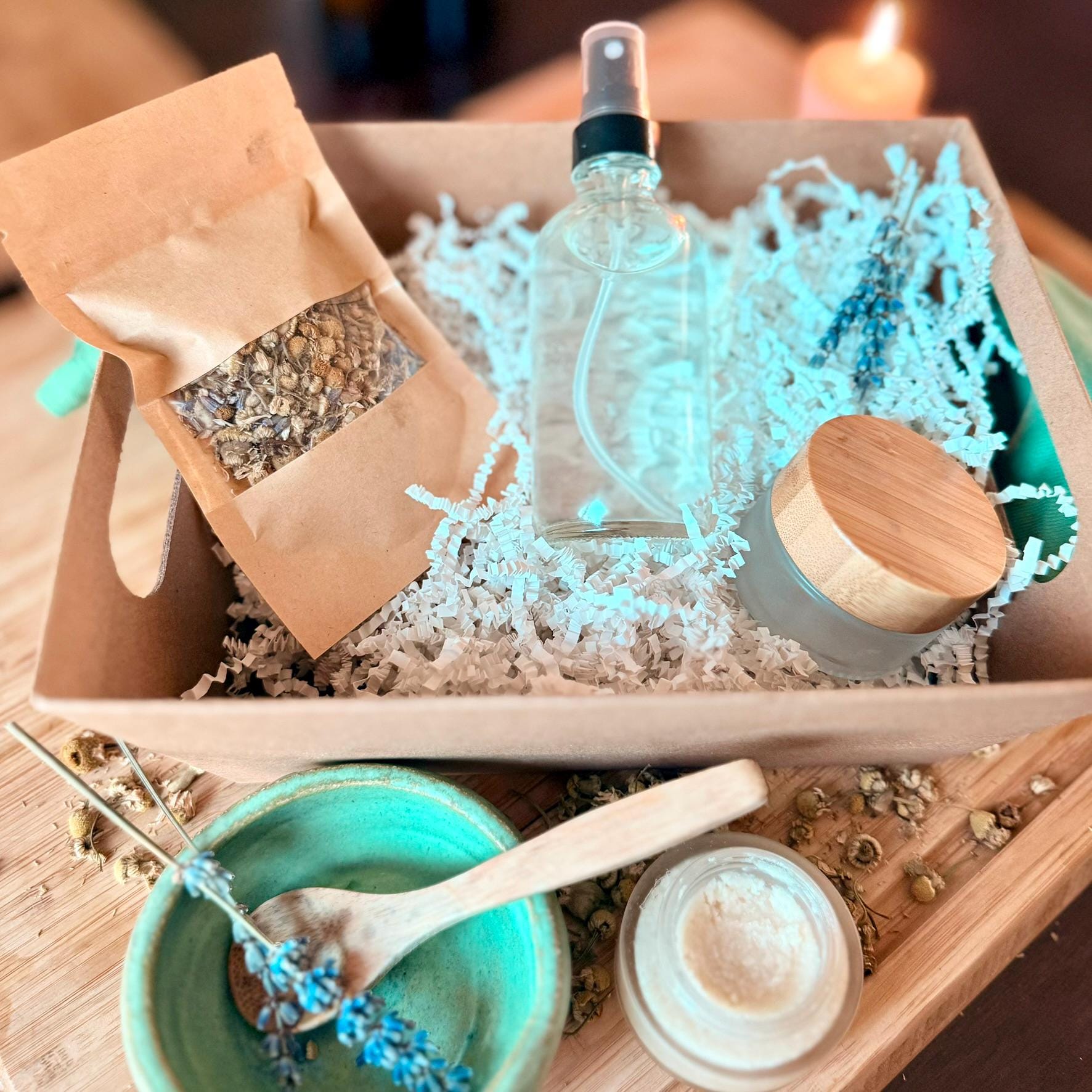 Relaxation Gift Set - calming spray, soothing balm, chamomile/lavender loose leaf tea, tea diffuser
